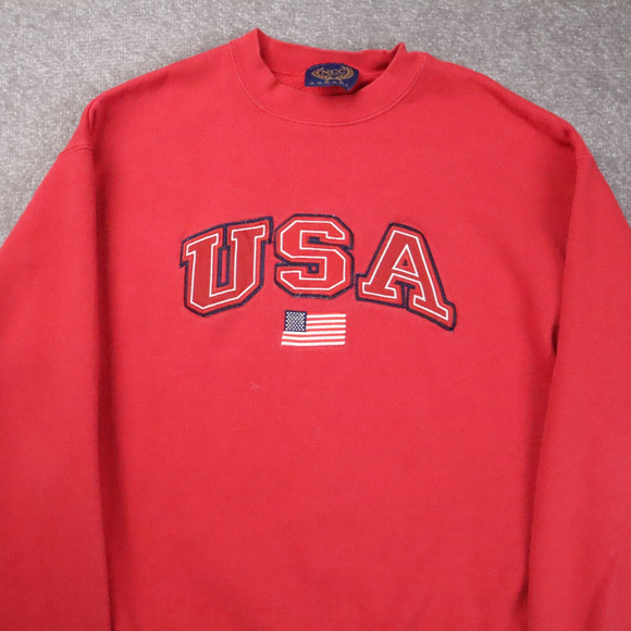 Vintage USA Flag Embroidered Medium Red Long Sleeve Pullover Sweatshirt - Picture 8 of 11